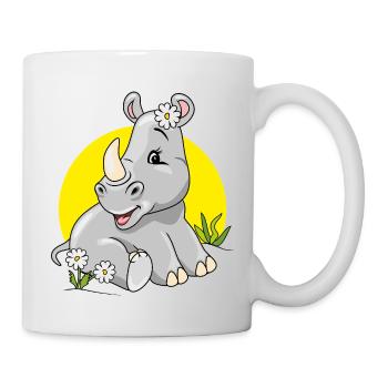 Niedliches, schüchternes Baby-Nashorn, das auf Rasen mit Kamille sitzt - Tasse - Weiß - Rechts