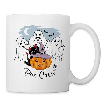 Three funny ghosts, black cat and smiling pumpkin - Mug - white - Right