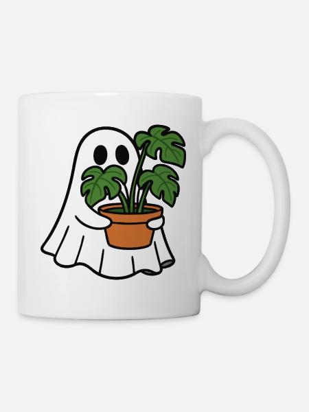 Cute Ghost with Monstera Plant - Mug - white