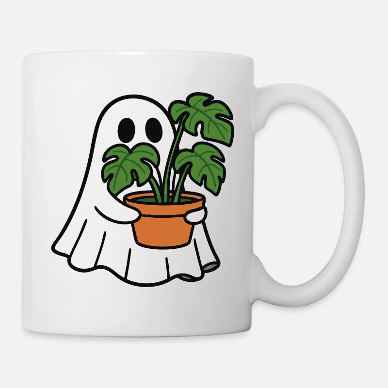 Cute Ghost with Monstera Plant - Mug - white