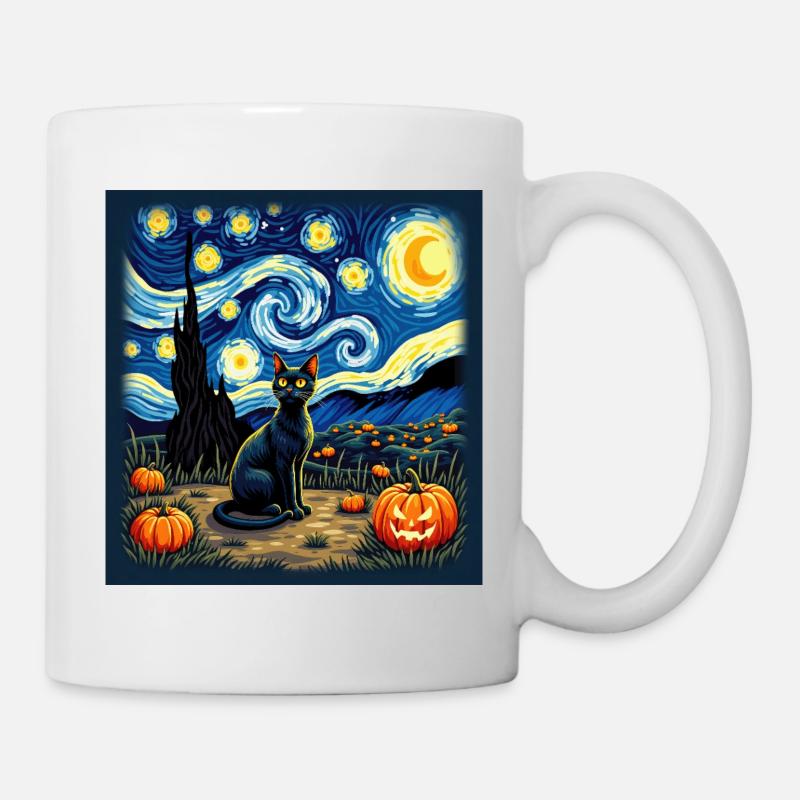 Chat d’Halloween – Style Van Gogh avec citrouilles - Mug blanc - blanc