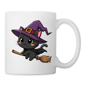 Cute Halloween Witch Cartoon Cat Broom October - Mug - white - Right