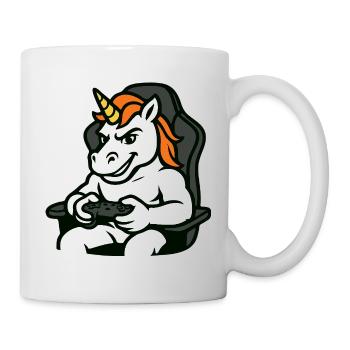 Gaming-Einhorn-Maskottchen im Gamer-Stuhl - Tasse - Weiß - Rechts