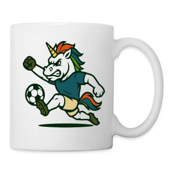 Unicorn Soccer Maskottchen kickt mit Kraft - Tasse - Weiß - Rechts
