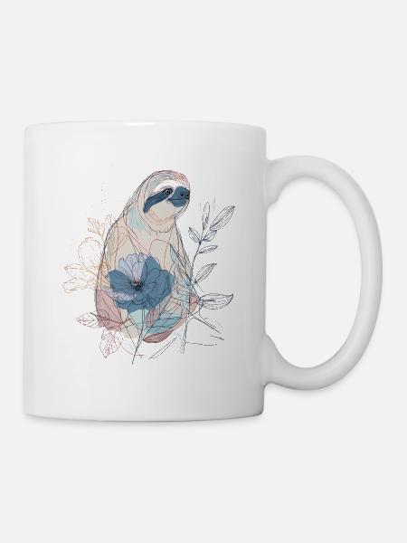 Paresseux linéaire avec fleur bleue – Style Bohème - Mug blanc - blanc