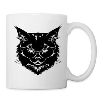 Schwarze Katze mit Brille - Tasse - Weiß - Rechts