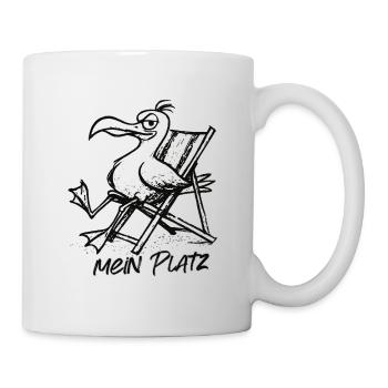 Pelikan am Strandstuhl – Mein Platz - Tasse - Weiß - Rechts