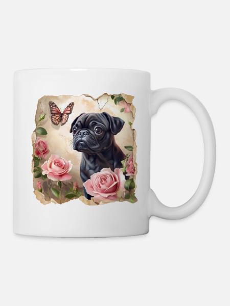 Schwarzer Mops mit Schmetterling - Tasse - Weiß
