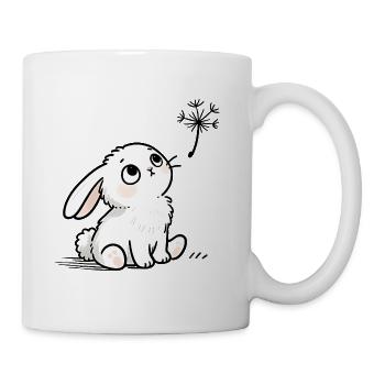 Weißer Hase mit verträumten Augen und Löwenzahn - Tasse - Weiß - Rechts