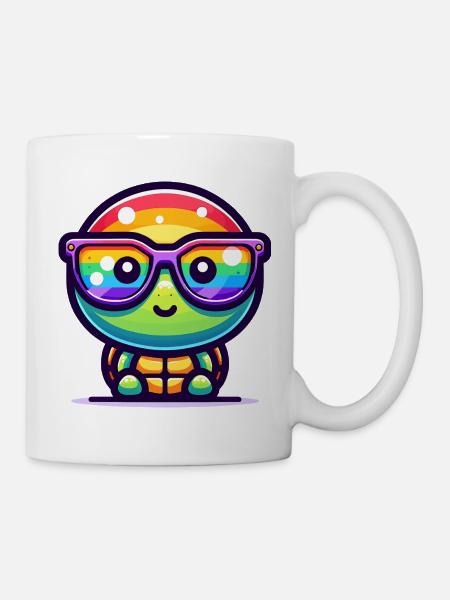 Kawaii Regenbogen-Schildkröte mit Sonnenbrille - Tasse - Weiß
