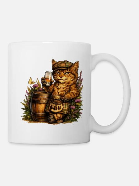 Schottische Wildkatze mit Whiskyfass - Tasse - Weiß