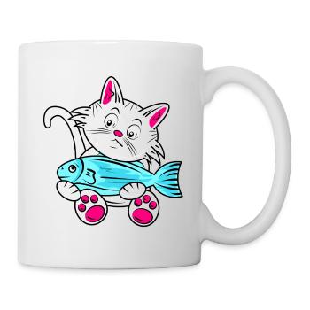 Kleine Katze und Blauer Fisch - Tasse - Weiß - Rechts