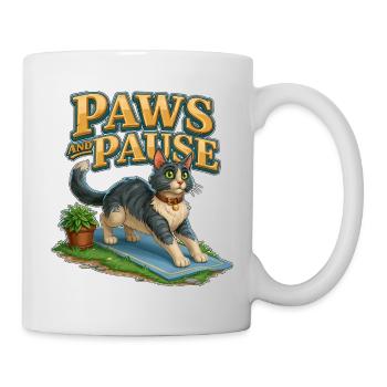 Paws And Pause Funny Yoga Cat Stretching on Mat - Mug - white - Right