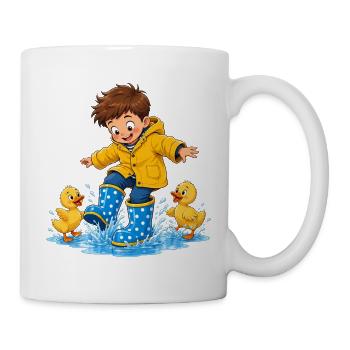 Junge springt mit Entenküken in Wasserpfützen - Tasse - Weiß - Rechts