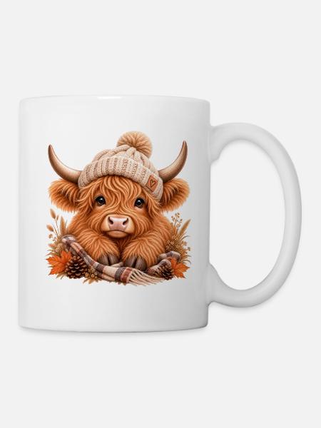 Highland Cow mit Mütze – Cozy Herbst Kuh - Tasse - Weiß