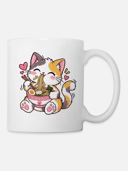 Kawaii Katze schlürft Ramen-Aufkleber – Süßer Anime - Tasse - Weiß