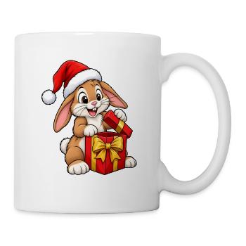 Kaninchen mit Weihnachtsmütze beim Geschenk - Tasse - Weiß - Rechts