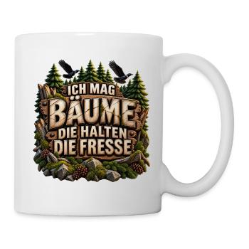 Ich mag Bäume Spruch – Holzoptik & Raben - Tasse - Weiß - Rechts