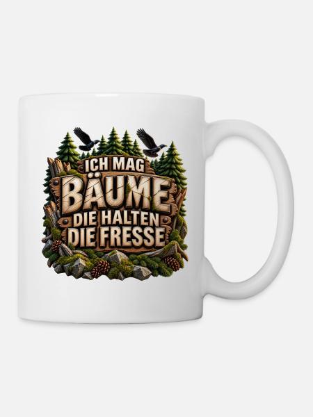 Ich mag Bäume Spruch – Holzoptik & Raben - Tasse - Weiß