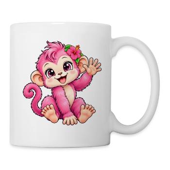 Kawaii-rosa Affe mit tropischer Blume - Tasse - Weiß - Rechts
