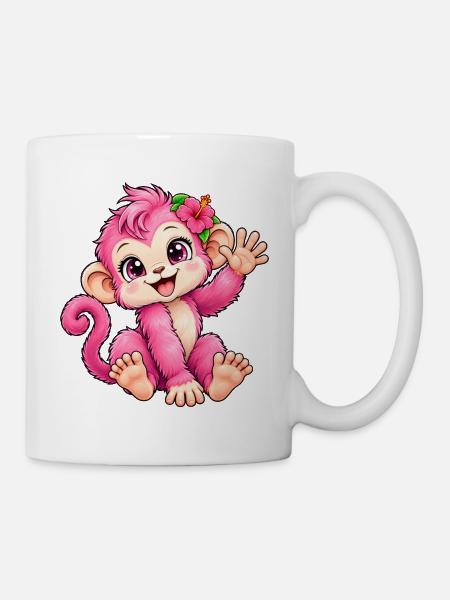 Kawaii-rosa Affe mit tropischer Blume - Tasse - Weiß