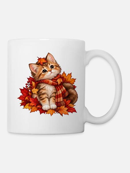 Herbstkätzchen im Blättermeer - Tasse - Weiß