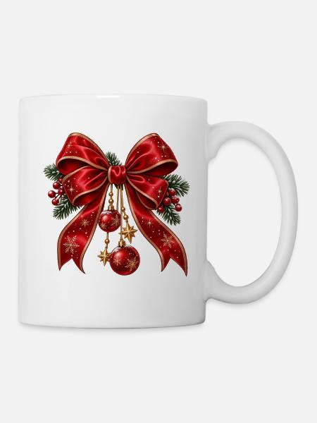 Weihnachtsrote Schleife mit Goldakzenten - Tasse - Weiß