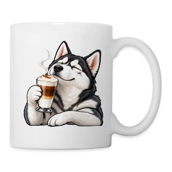 Husky mit Latte Macchiato – Kaffeepause - Tasse - Weiß - Rechts