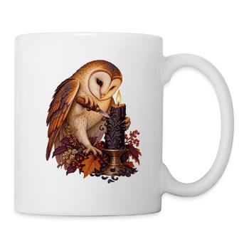 Schleiereule schnitzt eine schwarze Kerze - Tasse - Weiß - Rechts