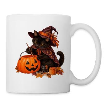 Schwarze Katze bemalt einen Kürbiseimer - Tasse - Weiß - Rechts
