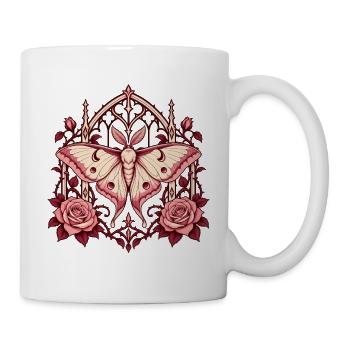 Motte und Rosen im gotischen Bogen - Tasse - Weiß - Rechts