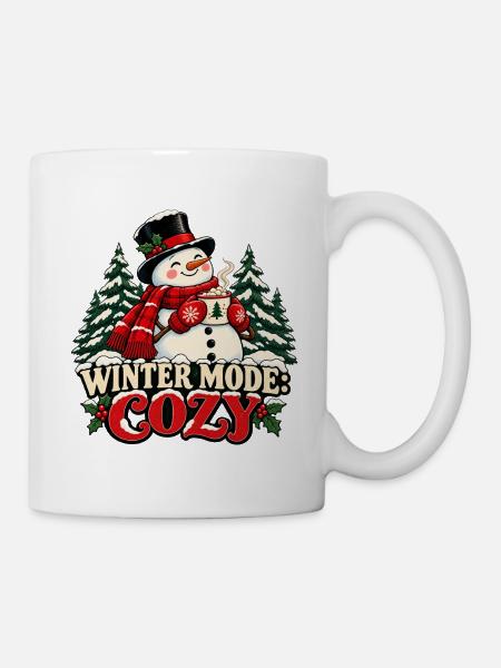 Wintermodus: Gemütlich – Schneemann mit Tasse - Tasse - Weiß