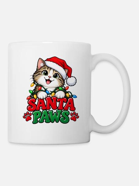 Santa Paws – Katze mit Weihnachtsmütze - Tasse - Weiß