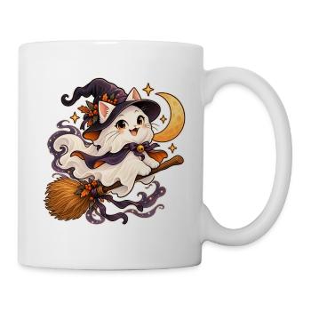 Geisterkatze auf einem Besen - Tasse - Weiß - Rechts