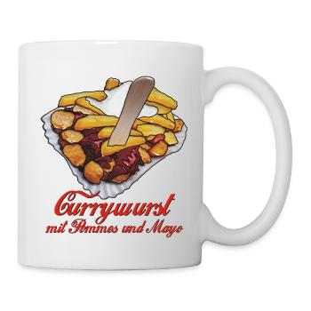 Currywurst mit Pommes, Mayo und Text - Tasse - Weiß - Rechts