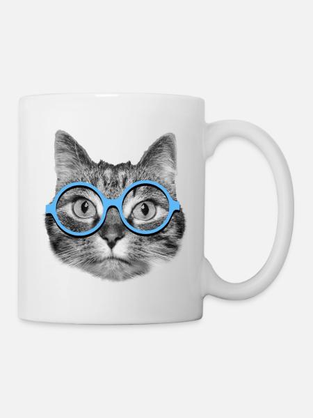 Katze mit blauer Brille - Tasse - Weiß