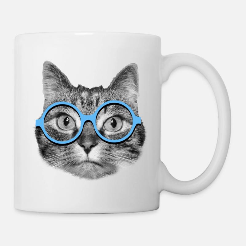 Katze mit blauer Brille - Tasse - Weiß