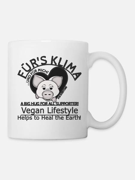 Schweinchen Vegan Klima SabineVegan HerzAufShirt - Tasse - Weiß