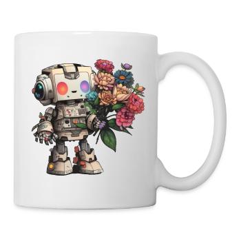 Roboter mit Blumenstrauß - Tasse - Weiß - Rechts