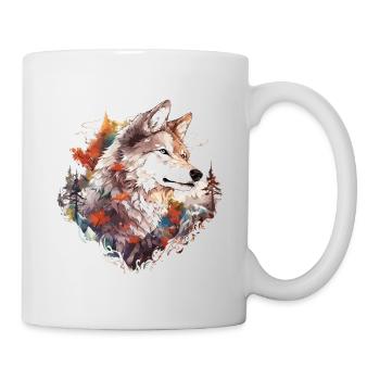 Wolf Wolfskopf Natur Wildnis Wald Bäume Kunst - Tasse - Weiß - Rechts