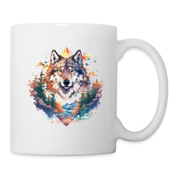 Wolf Wolfskopf Natur Wildnis Wald Bäume Kunst - Tasse - Weiß - Rechts