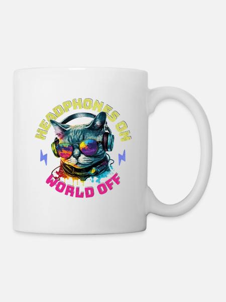 Katze Kopfhörer Musik Headphones On World Off - Tasse - Weiß