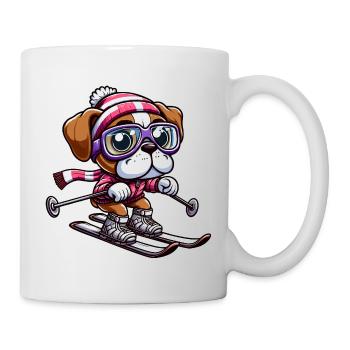 Boxer dog on skis - winter holiday in comic style - Mug - white - Right