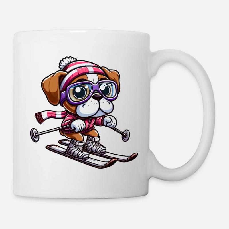 Chien boxer sur les skis - vacances d’hiver dans un style comique - Mug blanc - blanc