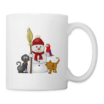 Bonhomme de neige avec écharpe rouge, chien, chat et perroquet - Mug blanc - blanc - Droite