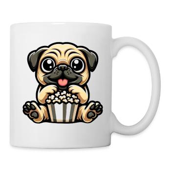 Mops im Kino, Popcorn & Karnevalskostüm - Tasse - Weiß - Rechts