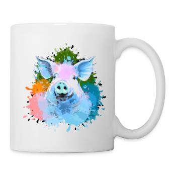 Schwein, bunt, farbkleckse, Malerei - Tasse - Weiß - Rechts