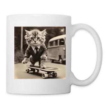 Chat / Animal / Photo / Sépia / Rétro / Skateboard - Mug blanc - blanc - Droite