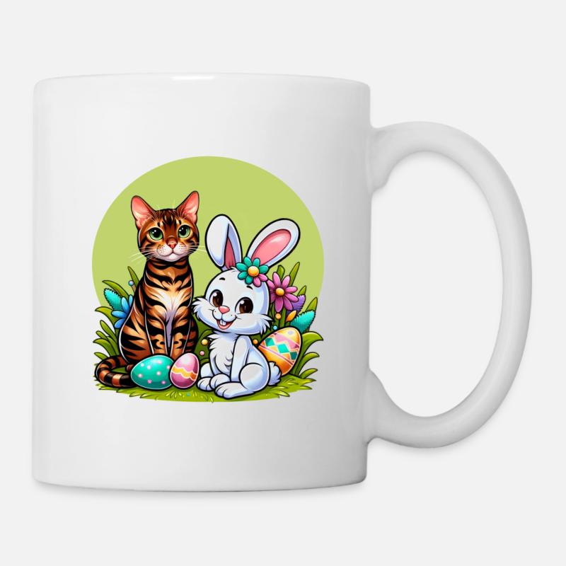 Bengal Katze feiert mit dem kleinen Osterhase - Tasse - Weiß
