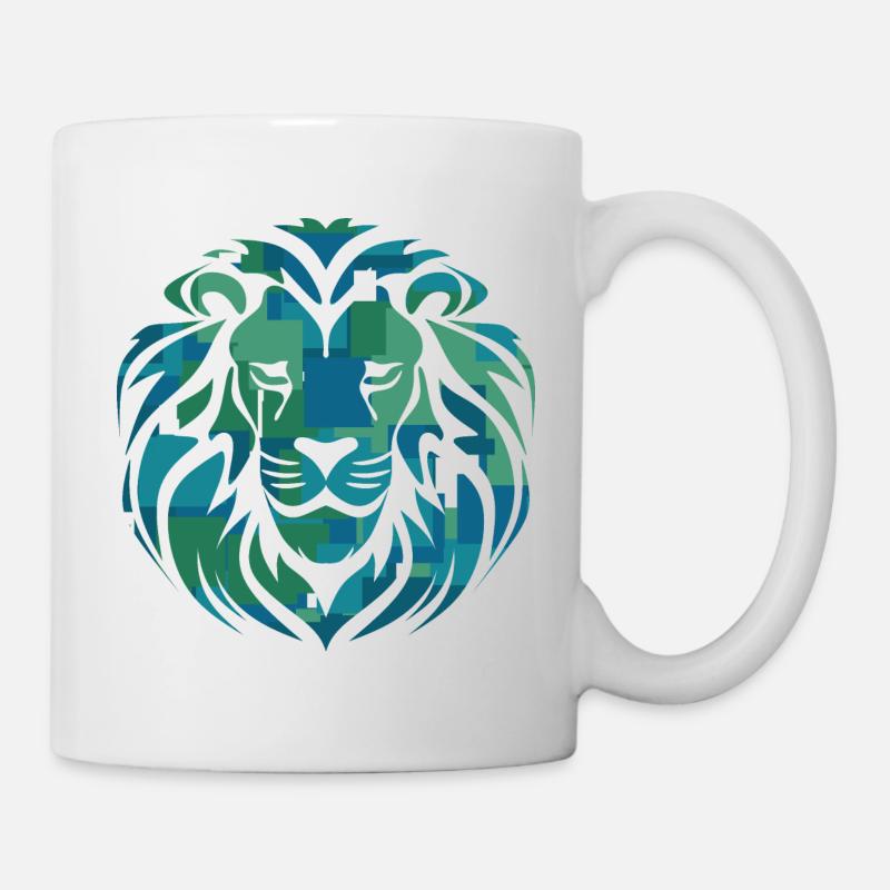 Lion's head, blue, green, turquoise - Mug - white